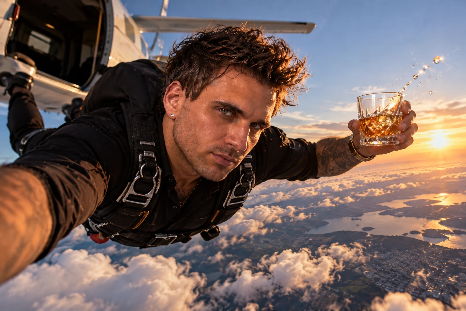 The founder skydiving beside an aircraft at sunset, holding a glass above the clouds. Supplied promotional campaign artwork.