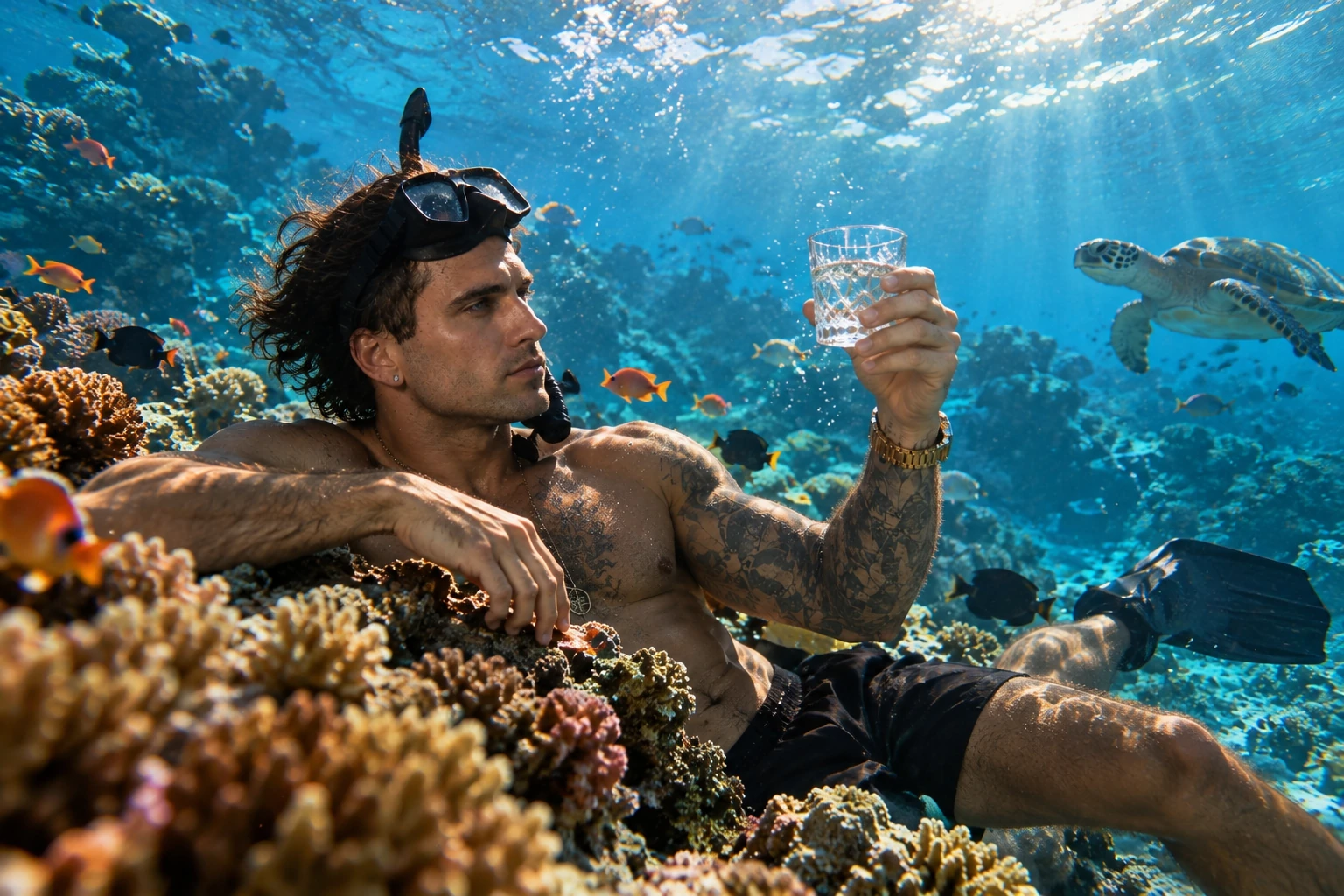 The founder relaxing underwater among coral, tropical fish and a sea turtle, holding a glass. Supplied promotional campaign artwork.