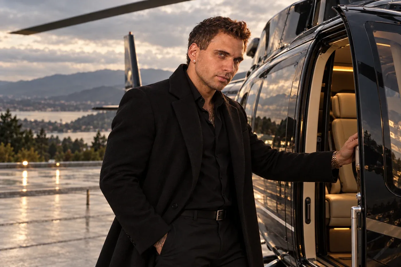 The founder at the open door of a private aircraft on a wet airfield, with a helicopter and mountains behind. Promotional campaign artwork.