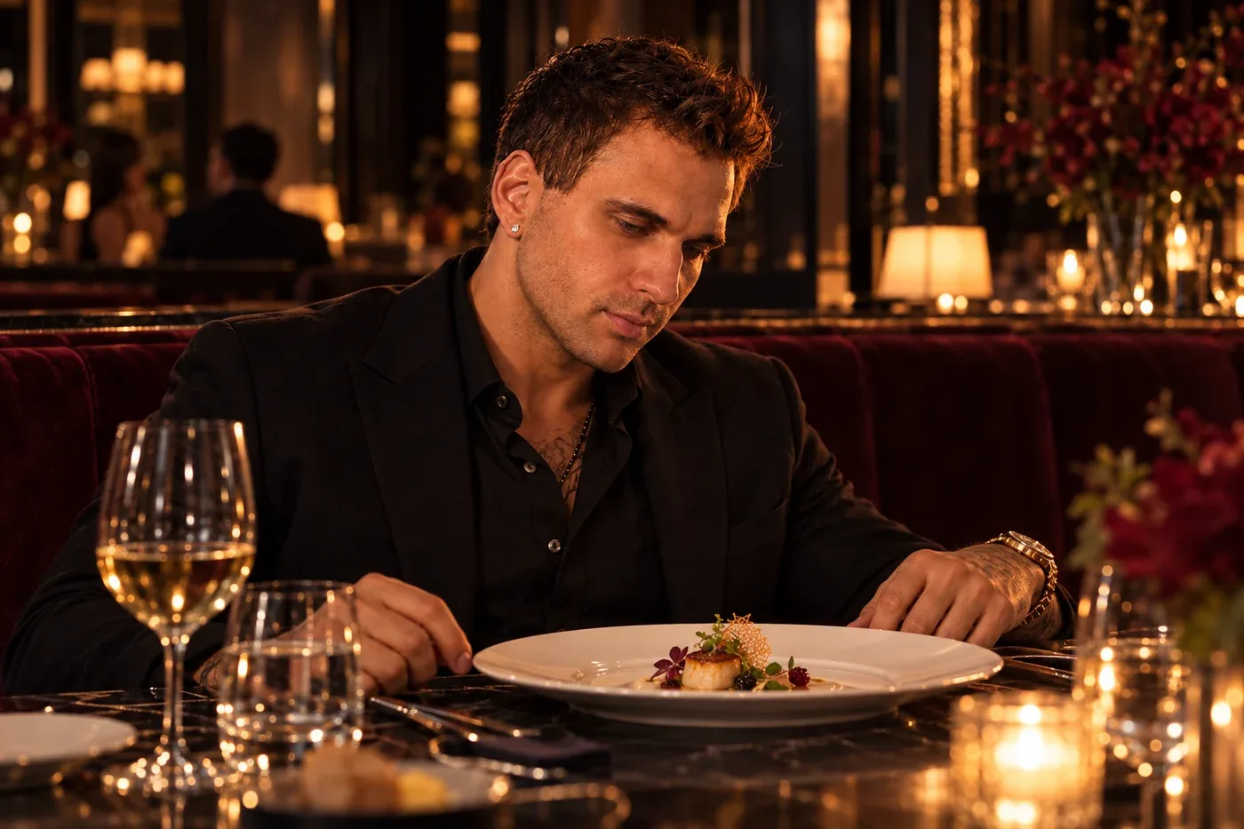 The founder at a candlelit restaurant table with a plated dish and a glass of white wine. Promotional campaign artwork.