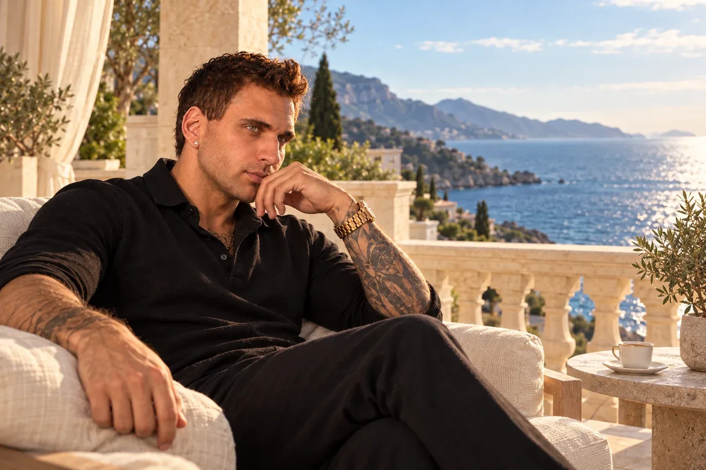 The founder seated on a terrace sofa overlooking the sea and a mountainous coastline. Promotional campaign artwork.