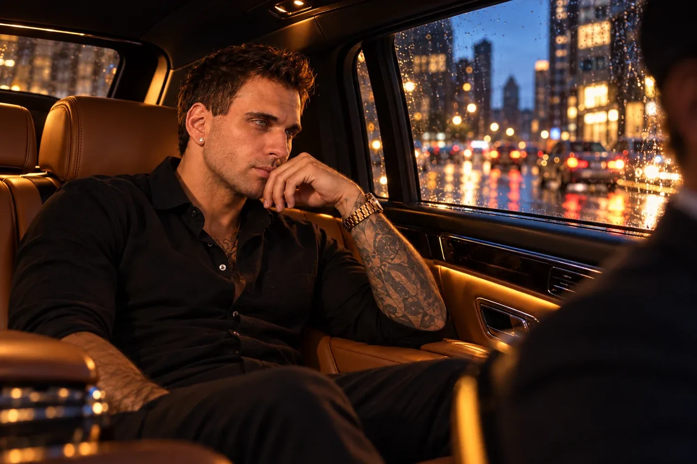 The founder in the rear seat of a chauffeured car at night, city lights beyond the rain-streaked window. Promotional campaign artwork.