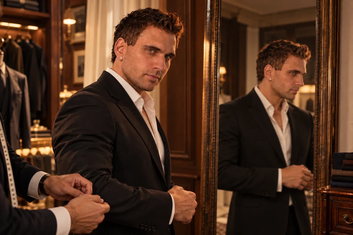 The founder being measured by a tailor in a wood-panelled fitting room, reflected in a mirror. Promotional campaign artwork.